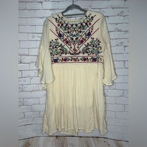 Umgee Boho Bliss Ivory Floral Embroidered Ruffle 3/4 Sleeve Dress